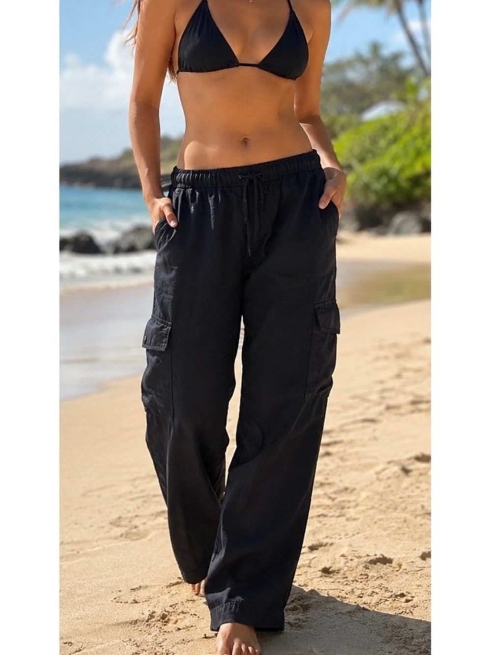 GAP Black Linen / Cotton Wide-Leg Cargo Pants Elastic Drawstring Waist sz Large
